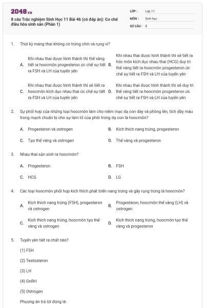 8 câu  Trắc nghiệm Sinh Học 11 Bài 46 (có đáp án): Cơ chế điều hòa sinh sản (Phần 1)