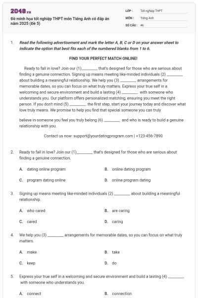 Đề minh họa tốt nghiệp THPT môn Tiếng Anh có đáp án năm 2025 (Đề 5)