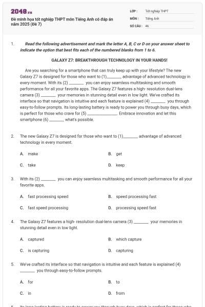 Đề minh họa tốt nghiệp THPT môn Tiếng Anh có đáp án năm 2025 (Đề 7)