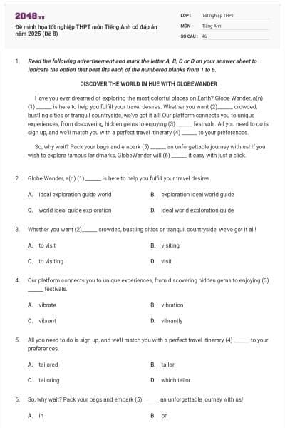 Đề minh họa tốt nghiệp THPT môn Tiếng Anh có đáp án năm 2025 (Đề 8)