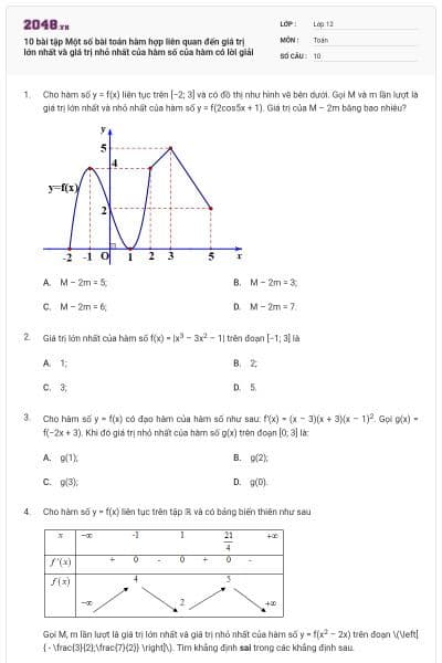 10 bài tập Một số bài toán hàm hợp liên quan đến giá trị lớn nhất và giá trị nhỏ nhất của hàm số của hàm có lời giải