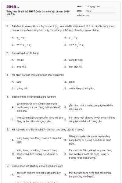 Tổng hợp đề thi thử THPT Quốc Gia môn Vật Lí năm 2020 (Đề 23)
