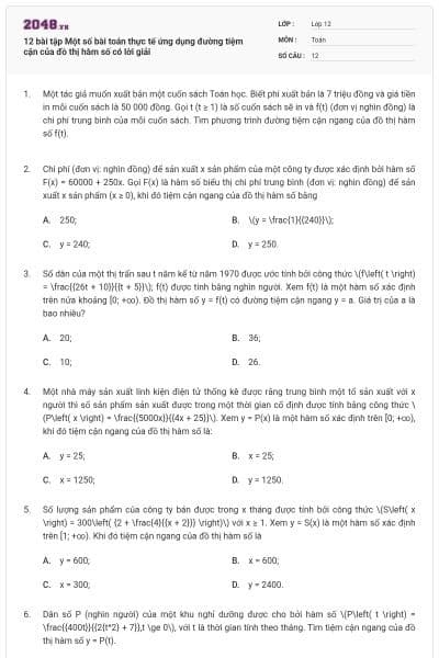 12 bài tập Một số bài toán thực tế ứng dụng đường tiệm cận của đồ thị hàm số có lời giải