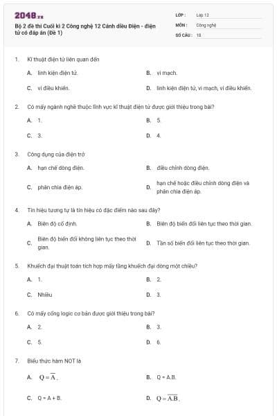 Bộ 2 đề thi Cuối kì 2 Công nghệ 12 Cánh diều Điện - điện tử có đáp án (Đề 1)