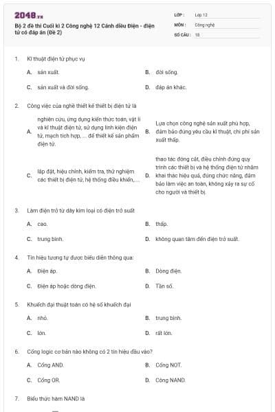 Bộ 2 đề thi Cuối kì 2 Công nghệ 12 Cánh diều Điện - điện tử có đáp án (Đề 2)