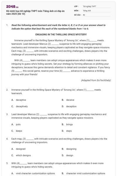 Đề minh họa tốt nghiệp THPT môn Tiếng Anh có đáp án năm 2025 (Đề 10)