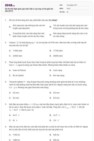 Đề thi thử thpt quốc gia môn Vật Lí cực hay có lời giải chi tiết (P27)