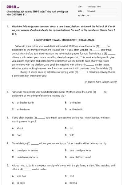 Đề minh họa tốt nghiệp THPT môn Tiếng Anh có đáp án năm 2025 (Đề 11)