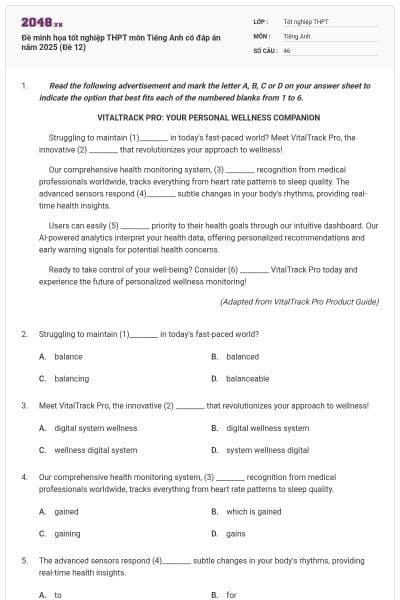 Đề minh họa tốt nghiệp THPT môn Tiếng Anh có đáp án năm 2025 (Đề 12)