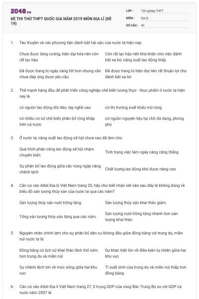 ĐỀ THI THỬ THPT QUỐC GIA NĂM 2019 MÔN ĐỊA LÍ (ĐỀ 19)