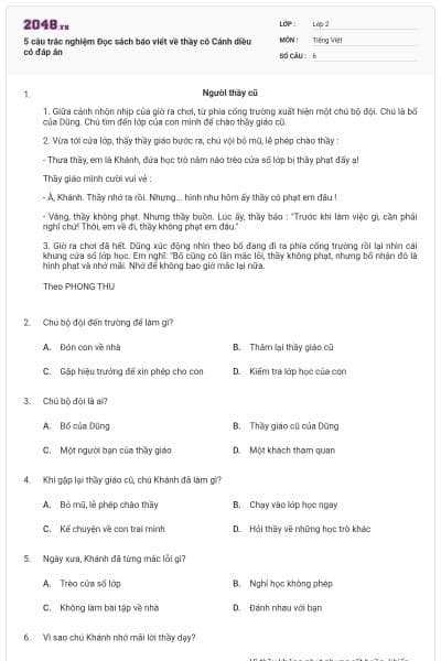 5 câu trắc nghiệm Đọc sách báo viết về thầy cô Cánh diều có đáp án
