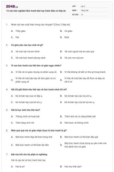 12 câu trắc nghiệm Bức tranh bàn tay Cánh diều có đáp án