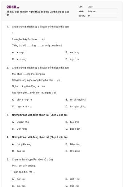 15 câu trắc nghiệm Nghe thầy đọc thơ Cánh diều có đáp án