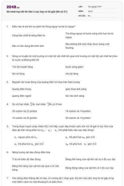 Đề minh họa đề thi Vật Lí cực hay có lời giải (Đề số 21)