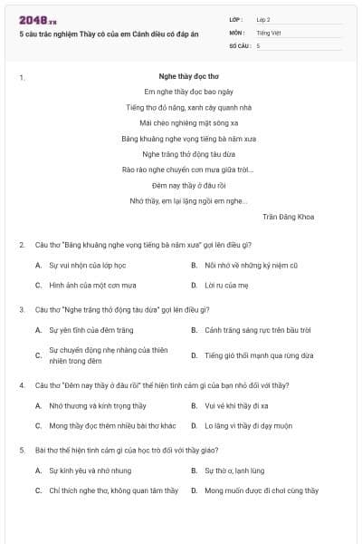 5 câu trắc nghiệm Thầy cô của em Cánh diều có đáp án