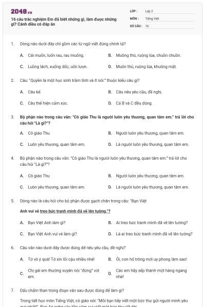 16 câu trắc nghiệm Em đã biết những gì, làm được những gì? Cánh diều có đáp án