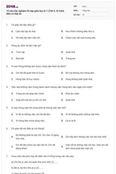 10 câu trắc nghiệm Ôn tập giữa học kì 1 (Tiết 3, 4) Cánh diều có đáp án