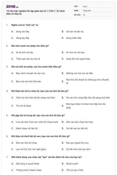 10 câu trắc nghiệm Ôn tập giữa học kì 1 (Tiết 7, 8) Cánh diều có đáp án