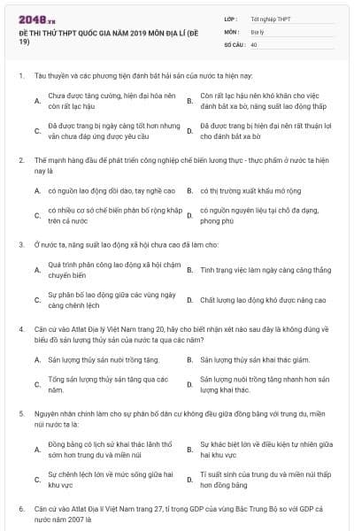 ĐỀ THI THỬ THPT QUỐC GIA NĂM 2019 MÔN ĐỊA LÍ (ĐỀ 19)