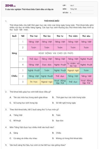 5 câu trắc nghiệm Thời khoá biểu  Cánh diều có đáp án