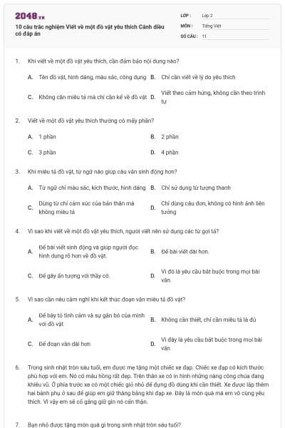 10 câu trắc nghiệm Viết về một đồ vật yêu thích Cánh diều có đáp án