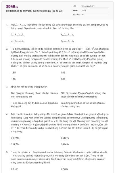Đề minh họa đề thi Vật Lí cực hay có lời giải (Đề số 23)