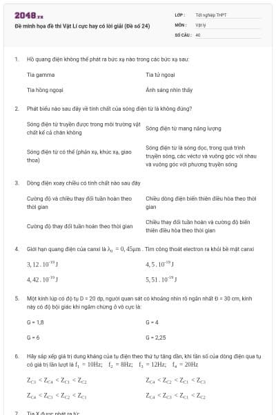 Đề minh họa đề thi Vật Lí cực hay có lời giải (Đề số 24)