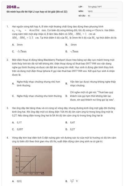 Đề minh họa đề thi Vật Lí cực hay có lời giải (Đề số 22)