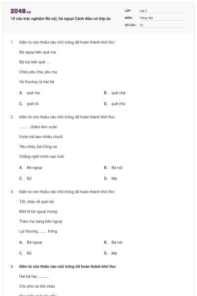 10 câu trắc nghiệm Bà nội, bà ngoại Cánh diều có đáp án
