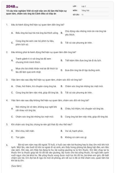 10 câu trắc nghiệm Viết về một việc em đã làm thể hiện sự quan tâm, chăm sóc ông bà Cánh diều có đáp án