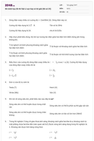 Đề minh họa đề thi Vật Lí cực hay có lời giải (Đề số 25)