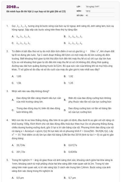 Đề minh họa đề thi Vật Lí cực hay có lời giải (Đề số 23)