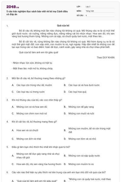 5 câu trắc nghiệm Đọc sách báo viết về bố mẹ Cánh diều có đáp án