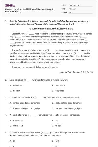 Đề minh họa tốt nghiệp THPT môn Tiếng Anh có đáp án năm 2025 (Đề 17)