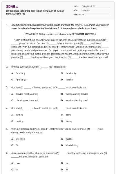 Đề minh họa tốt nghiệp THPT môn Tiếng Anh có đáp án năm 2025 (Đề 18)