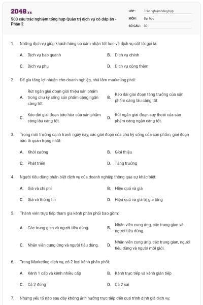500 câu trắc nghiệm tổng hợp Quản trị dịch vụ có đáp án - Phần 2