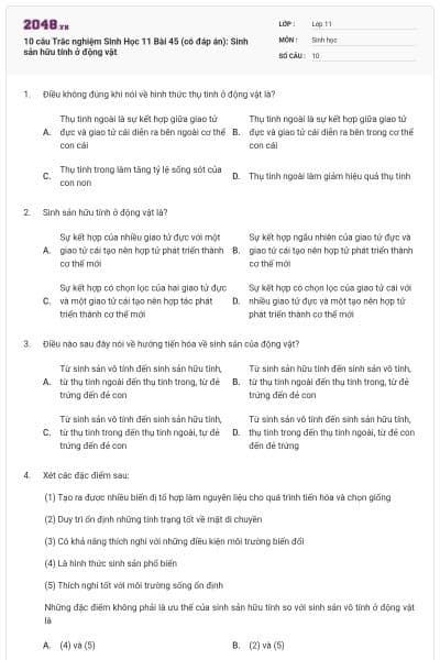 10 câu  Trắc nghiệm Sinh Học 11 Bài 45 (có đáp án): Sinh sản hữu tính ở động vật