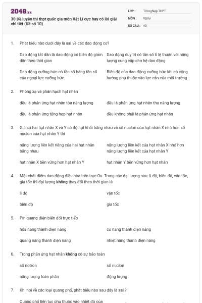 30 Đề luyện thi thpt quốc gia môn Vật Lí cực hay có lời giải chi tiết (Đề số 10)