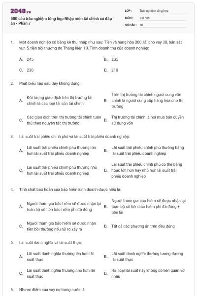 500 câu trắc nghiệm tổng hợp Nhập môn tài chính có đáp án - Phần 7