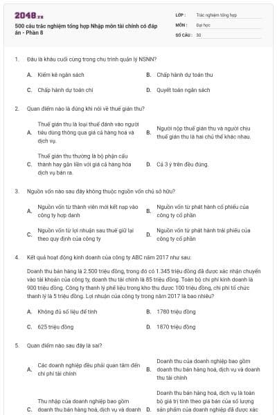 500 câu trắc nghiệm tổng hợp Nhập môn tài chính có đáp án - Phần 8