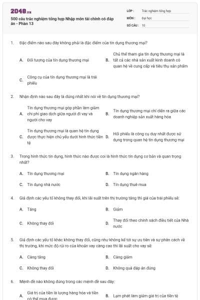 500 câu trắc nghiệm tổng hợp Nhập môn tài chính có đáp án - Phần 13