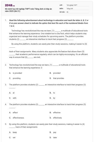 Đề minh họa tốt nghiệp THPT môn Tiếng Anh có đáp án năm 2025 (Đề 21)