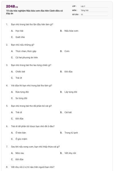 10 câu trắc nghiệm Nấu bữa cơm đầu tiên Cánh diều có đáp án