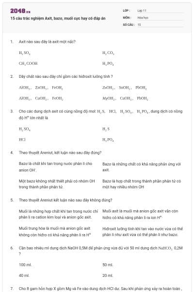 15 câu trắc nghiệm Axit, bazơ, muối cực hay có đáp án