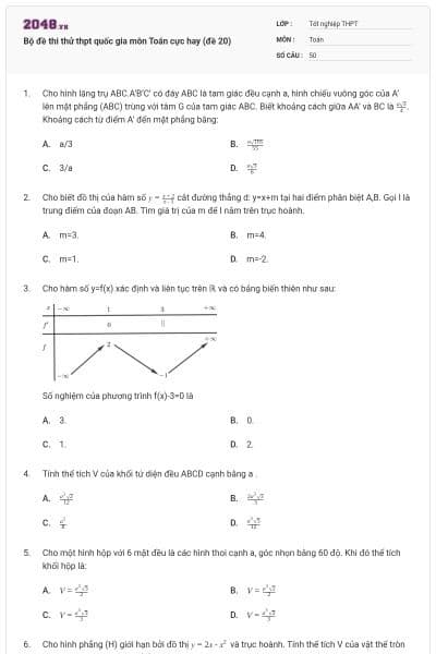 Bộ đề thi thử thpt quốc gia môn Toán cực hay (đề 20)
