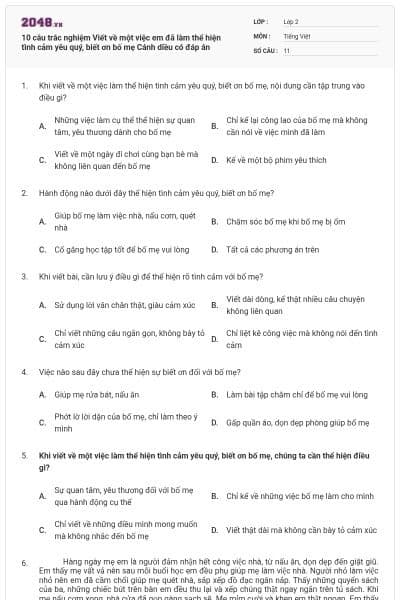 10 câu trắc nghiệm Viết về một việc em đã làm thể hiện tình cảm yêu quý, biết ơn bố mẹ Cánh diều có đáp án