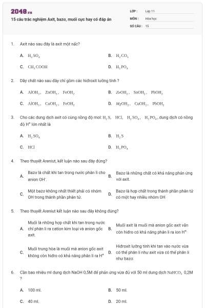 15 câu trắc nghiệm Axit, bazơ, muối cực hay có đáp án