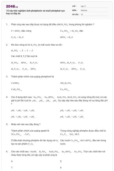 15 câu trắc nghiệm Axit photphoric và muối photphat cực hay có đáp án