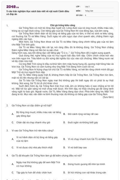 5 câu trắc nghiệm Đọc sách báo viết về vật nuôi Cánh diều có đáp án