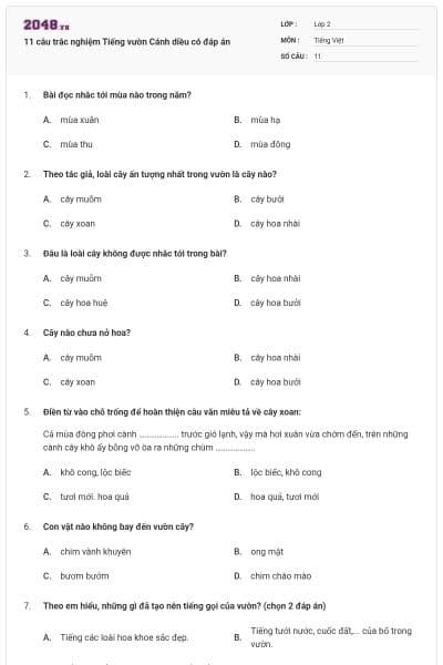 11 câu trắc nghiệm Tiếng vườn Cánh diều có đáp án